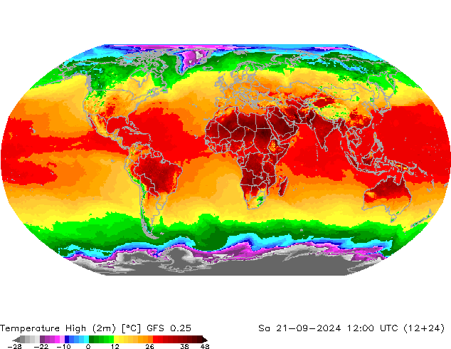 Temperature High (2m) GFS 0.25 Sa 21.09.2024 12 UTC