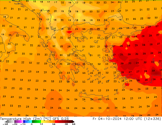 temperatura máx. (2m) GFS 0.25 Sex 04.10.2024 12 UTC