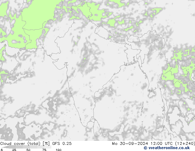 Cloud cover (total) GFS 0.25 Mo 30.09.2024 12 UTC