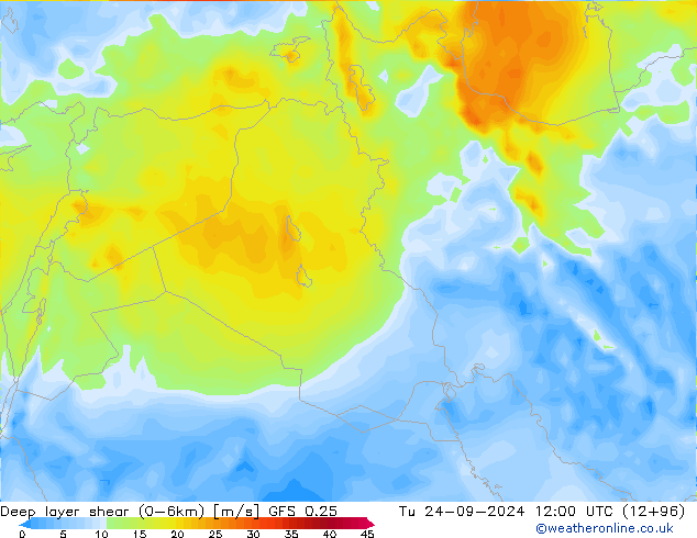 Deep layer shear (0-6km) GFS 0.25 вт 24.09.2024 12 UTC