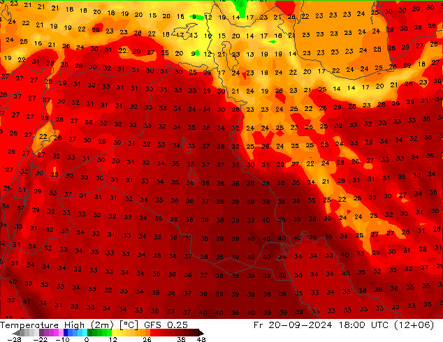 Temperature High (2m) GFS 0.25 Fr 20.09.2024 18 UTC