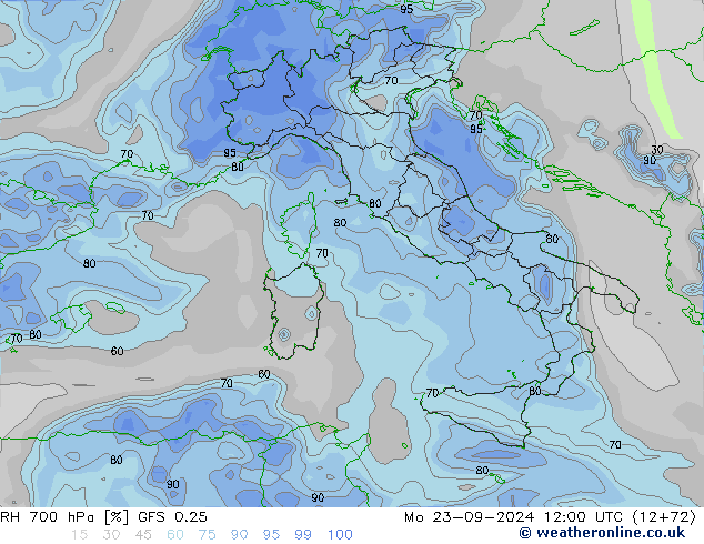 RH 700 hPa GFS 0.25 Mo 23.09.2024 12 UTC