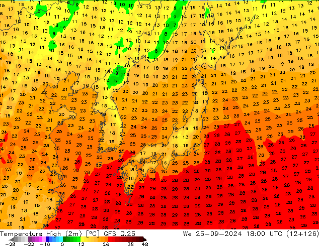 Nejvyšší teplota (2m) GFS 0.25 St 25.09.2024 18 UTC