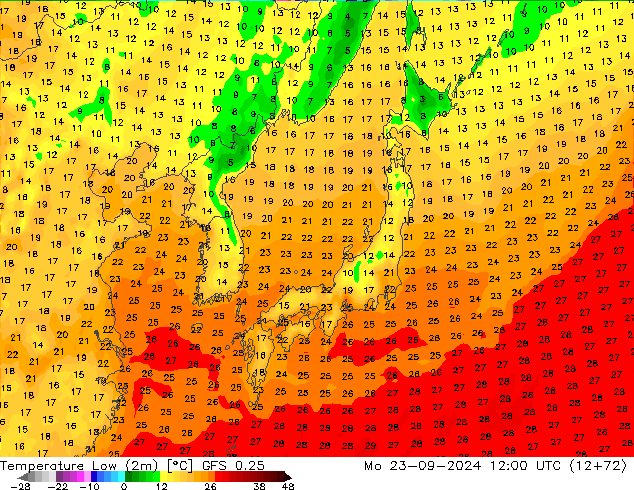 Temperature Low (2m) GFS 0.25 Mo 23.09.2024 12 UTC