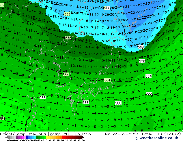 Z500/Rain (+SLP)/Z850 GFS 0.25 Mo 23.09.2024 12 UTC