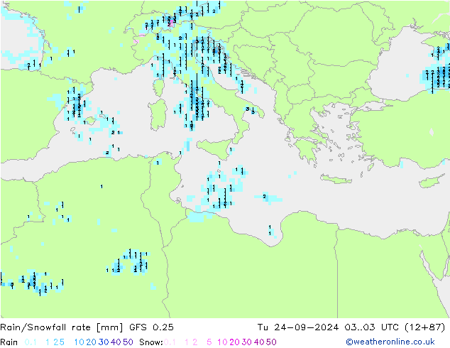 Rain/Snowfall rate GFS 0.25  24.09.2024 03 UTC