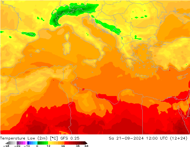 Temperatura mín. (2m) GFS 0.25 sáb 21.09.2024 12 UTC