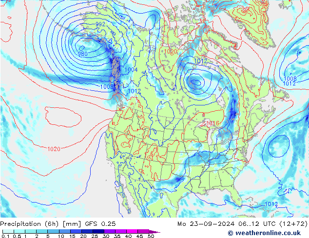 Z500/Rain (+SLP)/Z850 GFS 0.25 lun 23.09.2024 12 UTC