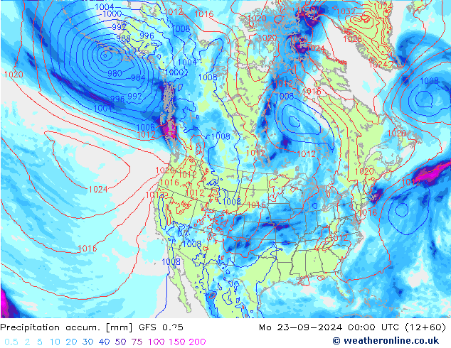 Precipitation accum. GFS 0.25 Po 23.09.2024 00 UTC