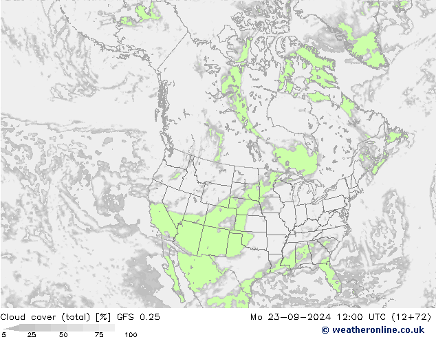 nuvens (total) GFS 0.25 Seg 23.09.2024 12 UTC