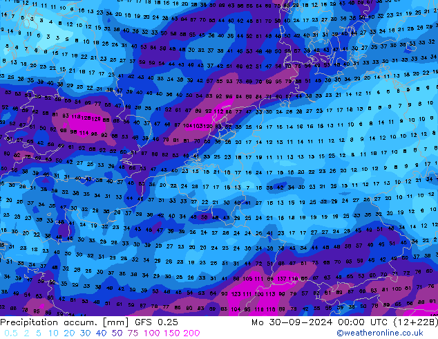 Precipitation accum. GFS 0.25 Mo 30.09.2024 00 UTC