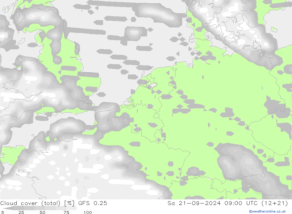 Nubes (total) GFS 0.25 sáb 21.09.2024 09 UTC