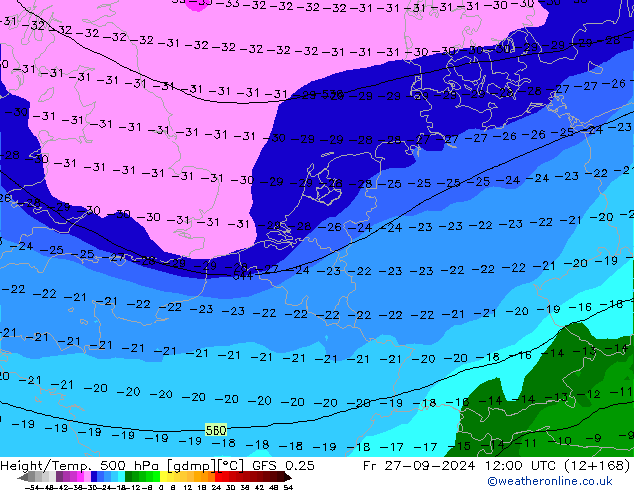 Z500/Yağmur (+YB)/Z850 GFS 0.25 Cu 27.09.2024 12 UTC