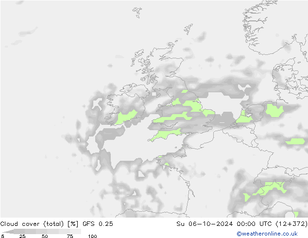 Bewolking (Totaal) GFS 0.25 zo 06.10.2024 00 UTC