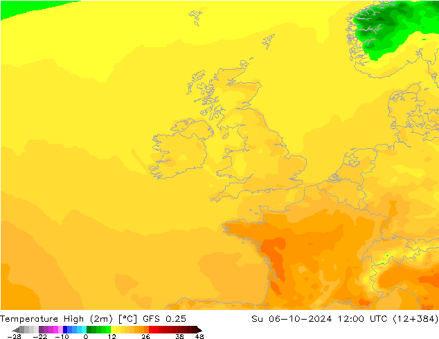 Max.temperatuur (2m) GFS 0.25 zo 06.10.2024 12 UTC