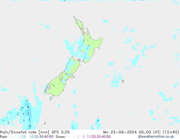 Rain/Snowfall rate GFS 0.25 lun 23.09.2024 00 UTC