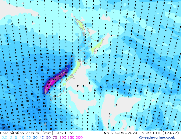 Precipitation accum. GFS 0.25 пн 23.09.2024 12 UTC