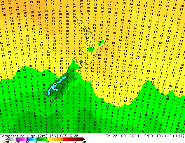 Temperature High (2m) GFS 0.25 Th 26.09.2024 12 UTC