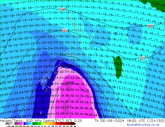 Z500/Rain (+SLP)/Z850 GFS 0.25 Čt 26.09.2024 18 UTC