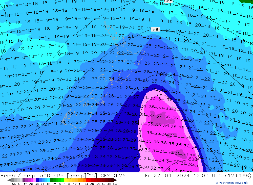 Z500/Rain (+SLP)/Z850 GFS 0.25 vie 27.09.2024 12 UTC