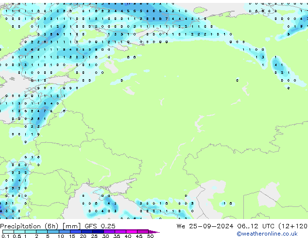 Precipitation (6h) GFS 0.25 We 25.09.2024 12 UTC