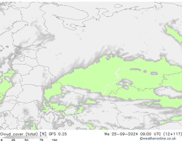 Cloud cover (total) GFS 0.25 We 25.09.2024 09 UTC