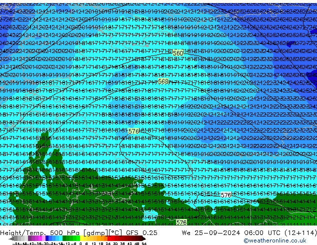 Z500/Rain (+SLP)/Z850 GFS 0.25 We 25.09.2024 06 UTC