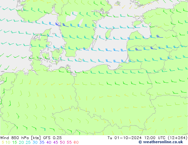 Wind 850 hPa GFS 0.25 Tu 01.10.2024 12 UTC