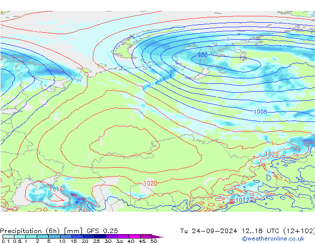 Z500/Rain (+SLP)/Z850 GFS 0.25 Tu 24.09.2024 18 UTC