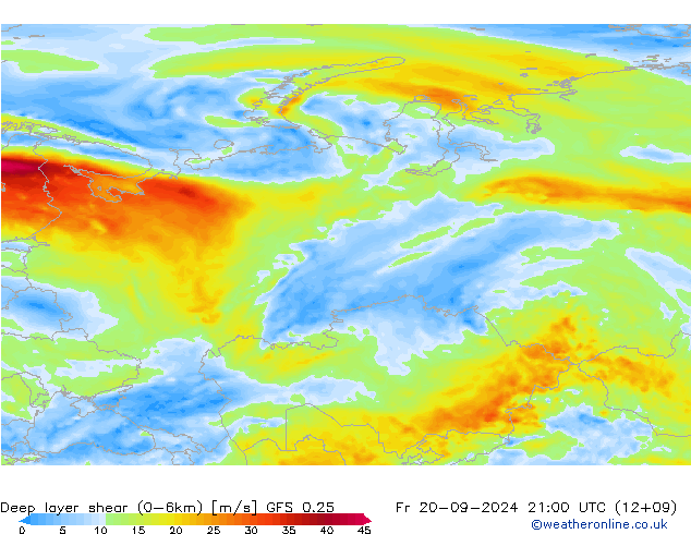 Deep layer shear (0-6km) GFS 0.25 Fr 20.09.2024 21 UTC