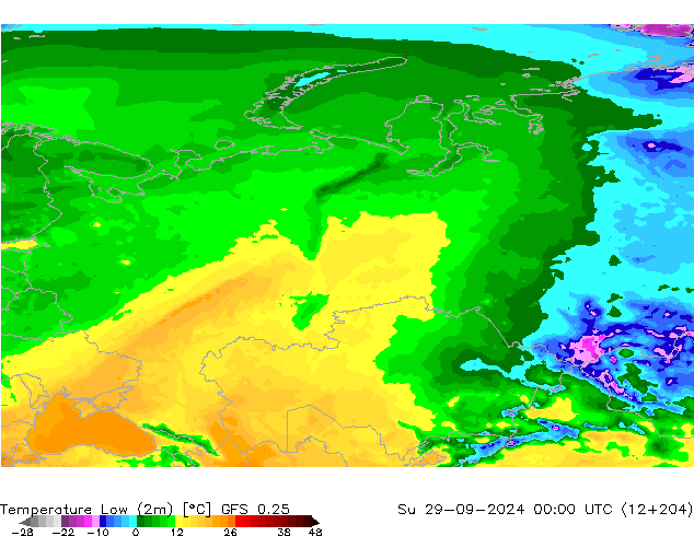 température 2m min GFS 0.25 dim 29.09.2024 00 UTC