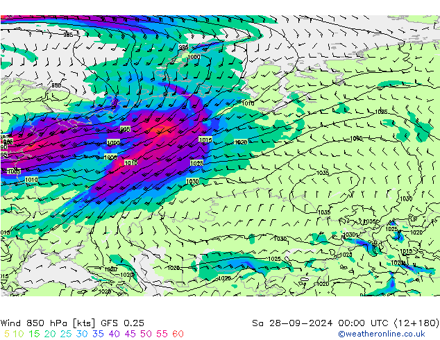 Wind 850 hPa GFS 0.25 Sa 28.09.2024 00 UTC