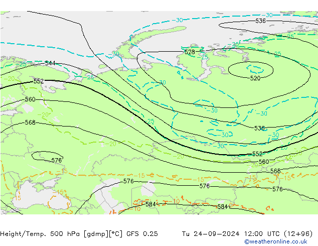 Height/Temp. 500 гПа GFS 0.25 вт 24.09.2024 12 UTC