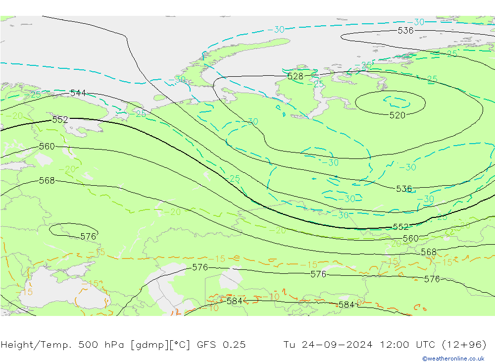 Z500/Rain (+SLP)/Z850 GFS 0.25 mar 24.09.2024 12 UTC