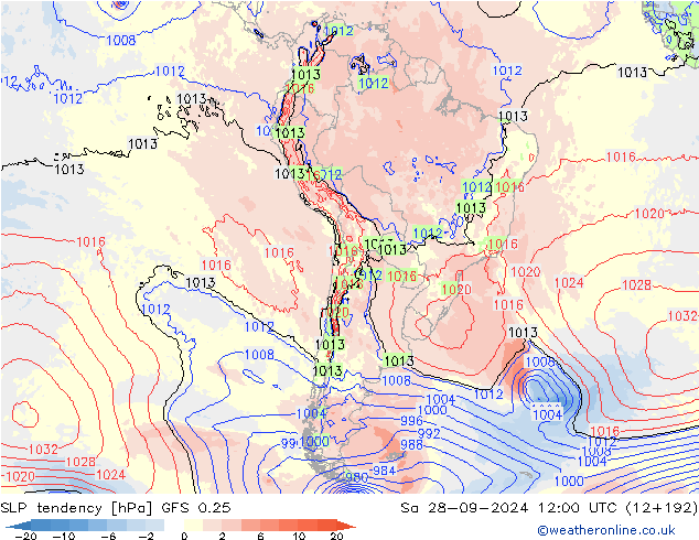 SLP tendency GFS 0.25 Sa 28.09.2024 12 UTC