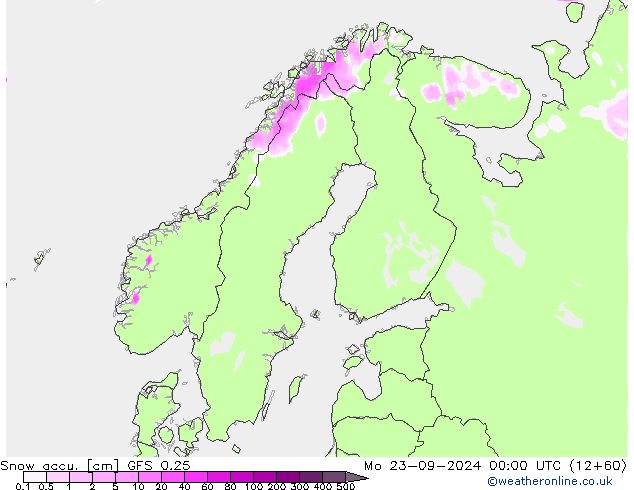 Totale sneeuw GFS 0.25 ma 23.09.2024 00 UTC