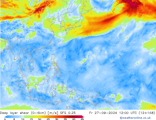 Deep layer shear (0-6km) GFS 0.25 vr 27.09.2024 12 UTC