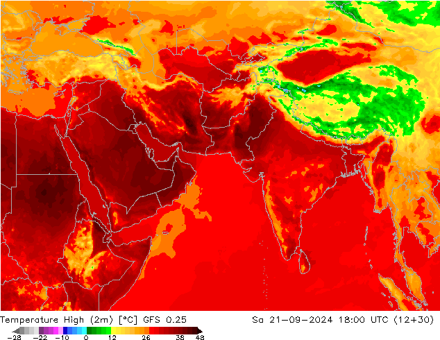 Nejvyšší teplota (2m) GFS 0.25 So 21.09.2024 18 UTC