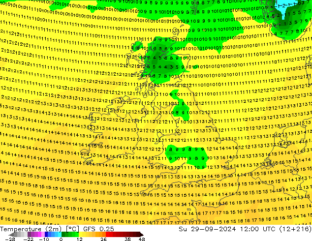 Temperature (2m) GFS 0.25 Su 29.09.2024 12 UTC