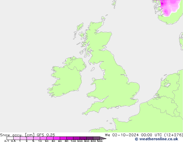 Snow accu. GFS 0.25 We 02.10.2024 00 UTC