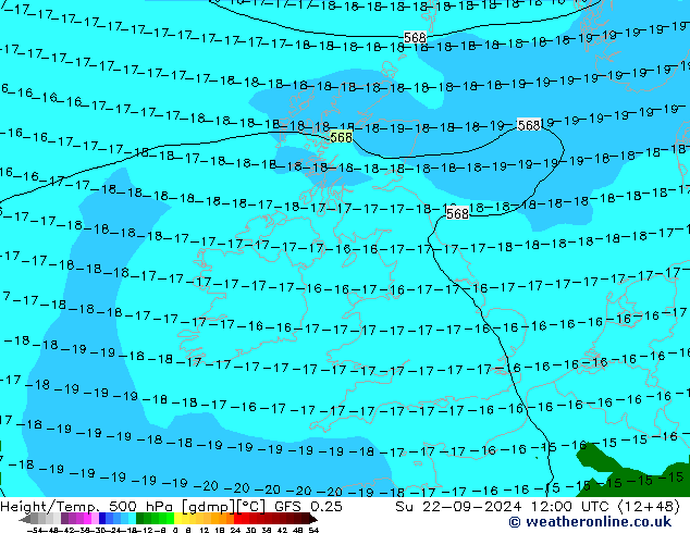 Height/Temp. 500 hPa GFS 0.25 Su 22.09.2024 12 UTC