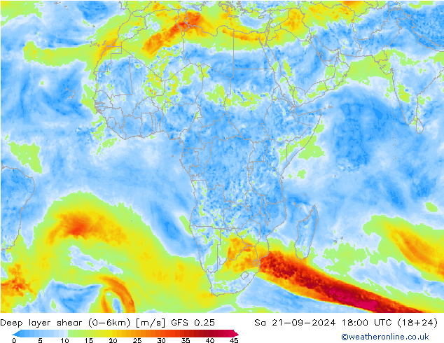 Deep layer shear (0-6km) GFS 0.25 sáb 21.09.2024 18 UTC