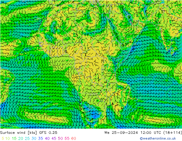 Surface wind GFS 0.25 We 25.09.2024 12 UTC