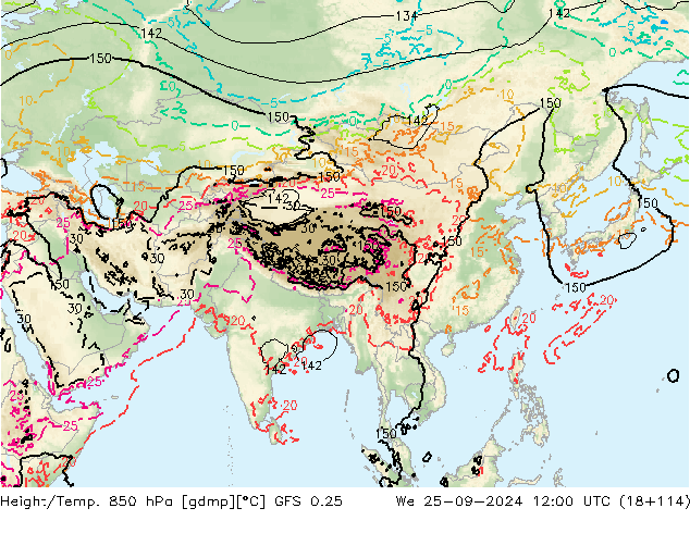 Z500/Rain (+SLP)/Z850 GFS 0.25 St 25.09.2024 12 UTC