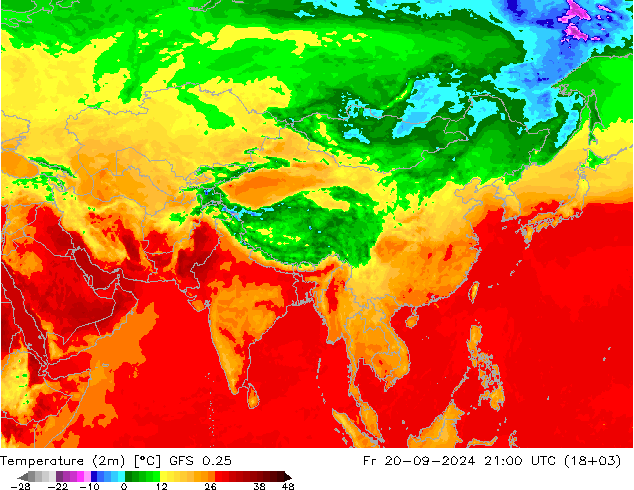 mapa temperatury (2m) GFS 0.25 pt. 20.09.2024 21 UTC