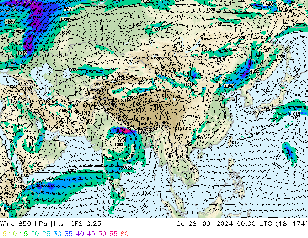 Wind 850 hPa GFS 0.25 Sa 28.09.2024 00 UTC