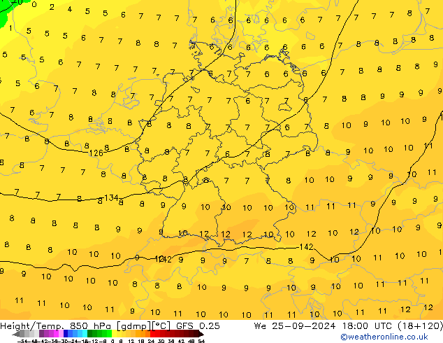 Height/Temp. 850 hPa GFS 0.25 We 25.09.2024 18 UTC