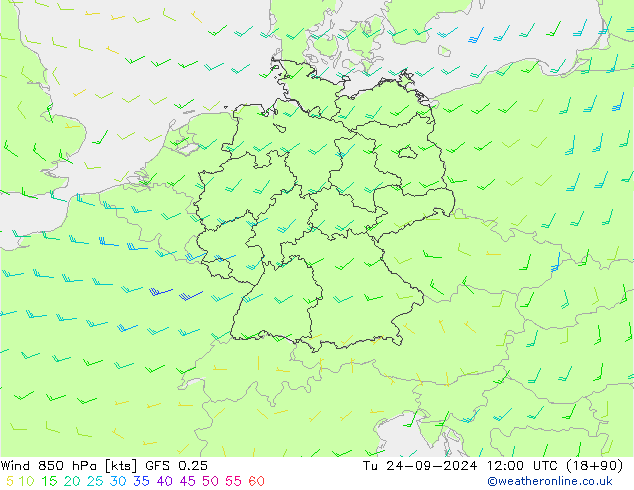 Wind 850 hPa GFS 0.25 Út 24.09.2024 12 UTC