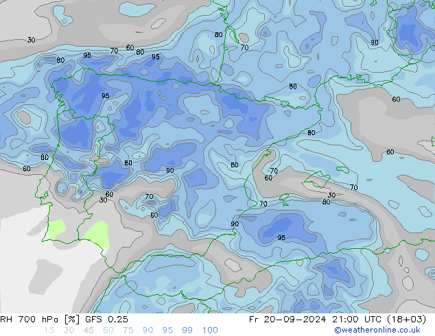 RH 700 hPa GFS 0.25 Fr 20.09.2024 21 UTC