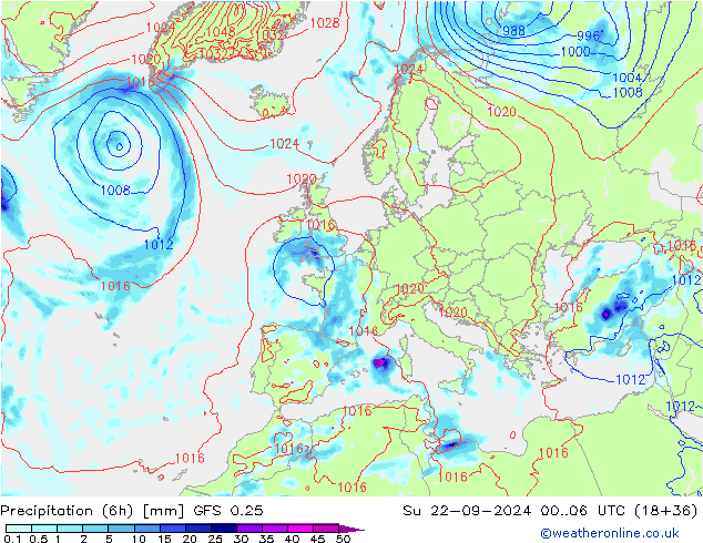 Z500/Rain (+SLP)/Z850 GFS 0.25 dim 22.09.2024 06 UTC